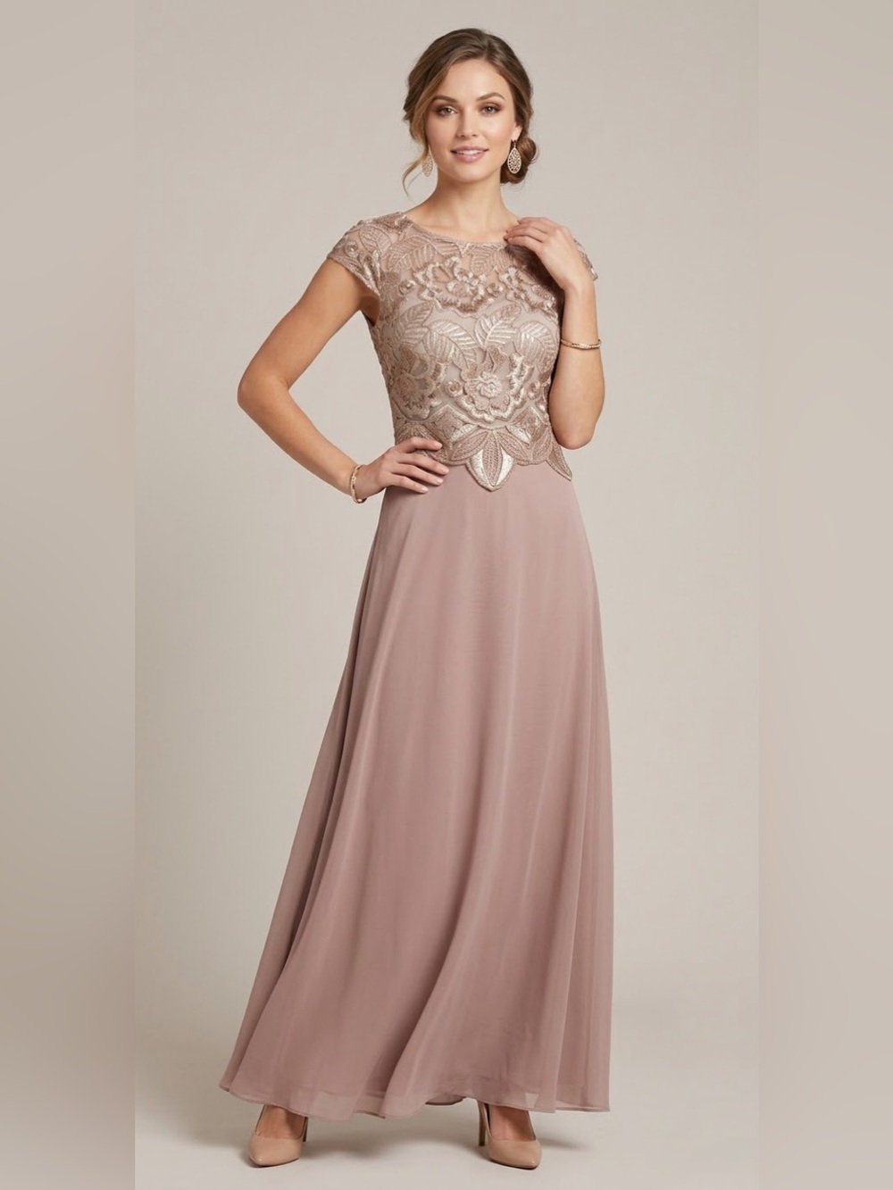Alex Evenings Sequin Embroidered Evening Gown Sz 6 Rose Gold